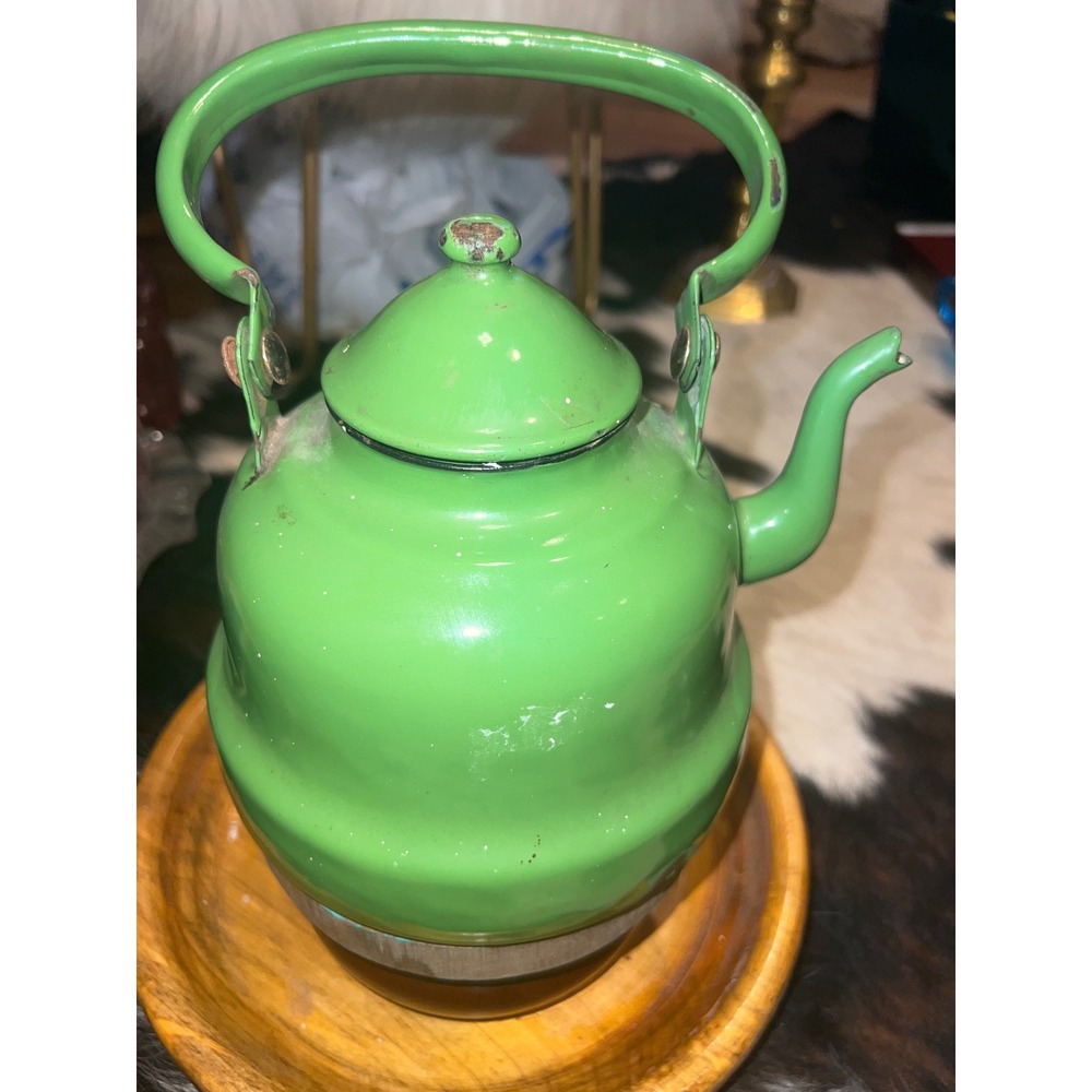 Vintage Green Enamel Tea Kettle Made in Yugoslavia Mid Century Enamelware 16